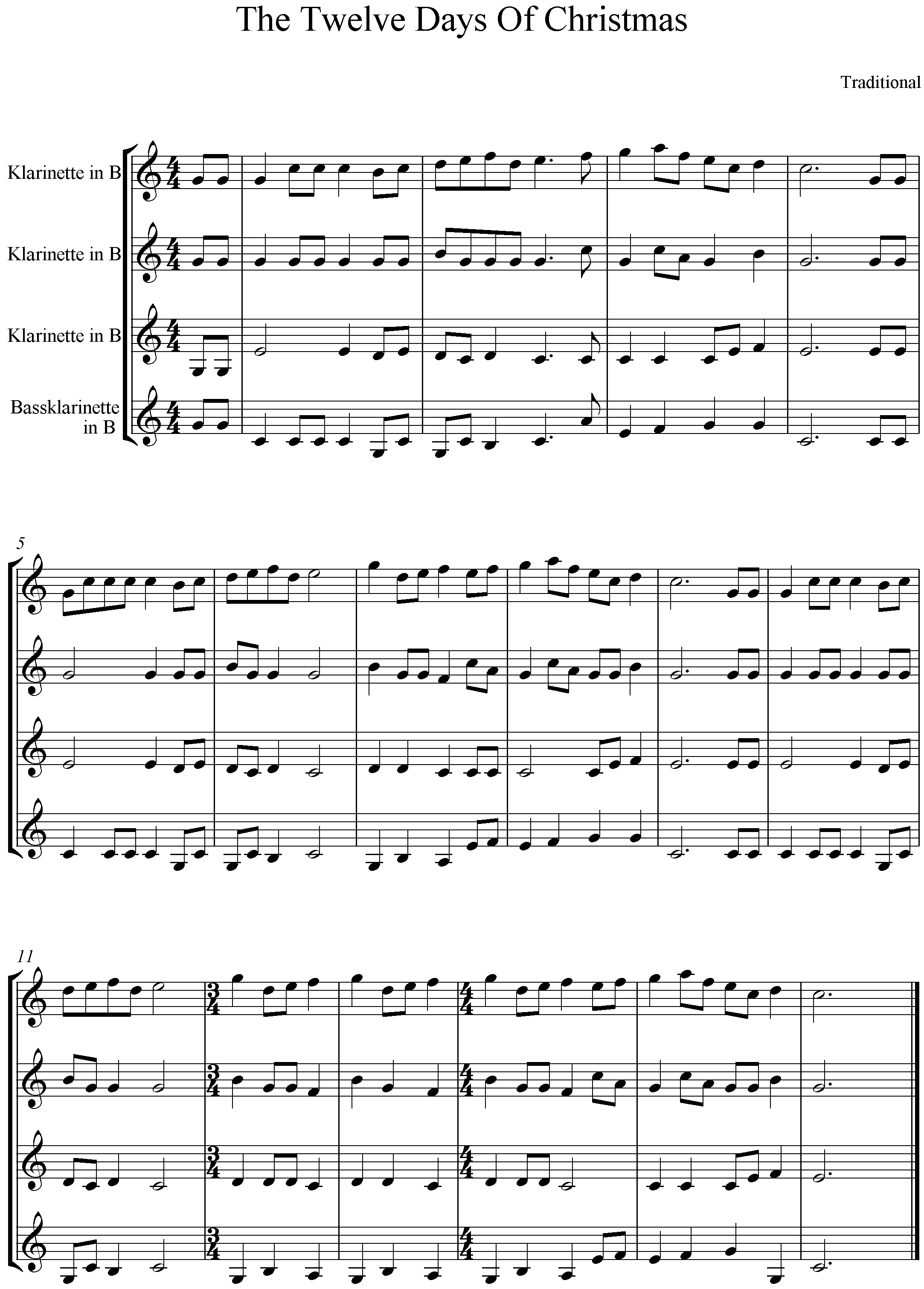 Noten, Klarinettenquartett, Clarinet, C-Major, The Twelve Days Of Christmas